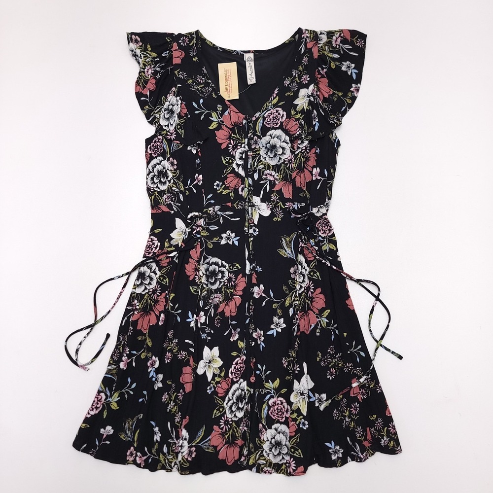 American Rag Floral Flutter Sleeve Mini Dress Black Pink Size M New NWT